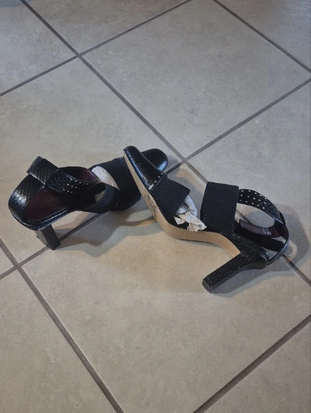 Black Studded Pointed-Toe Elastic Strap Heels